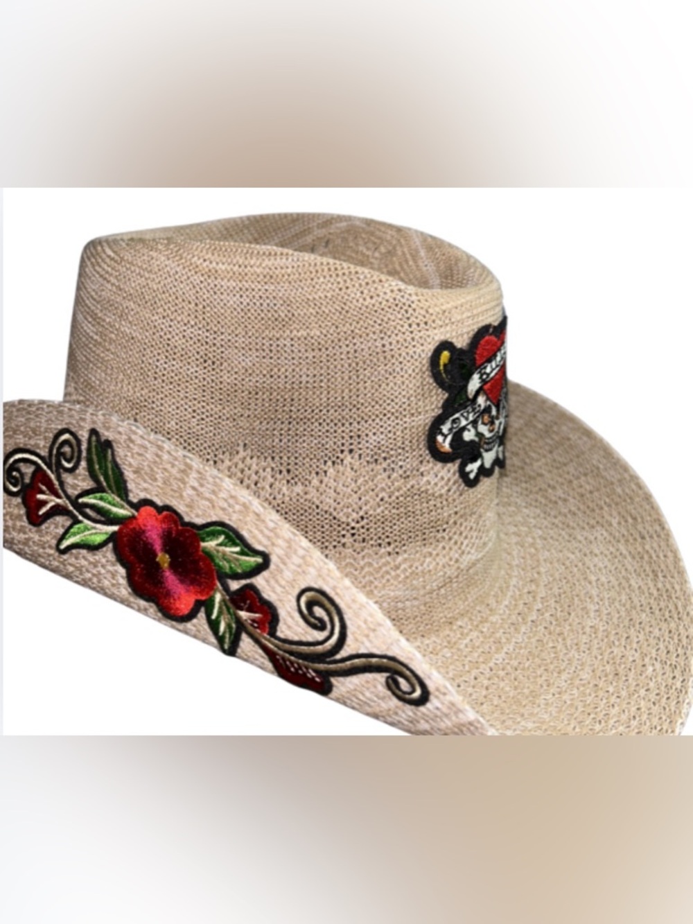 Ed Hardy straw "Love Kills Slowly" tattoo-style cowboy hat,RARE NWT
